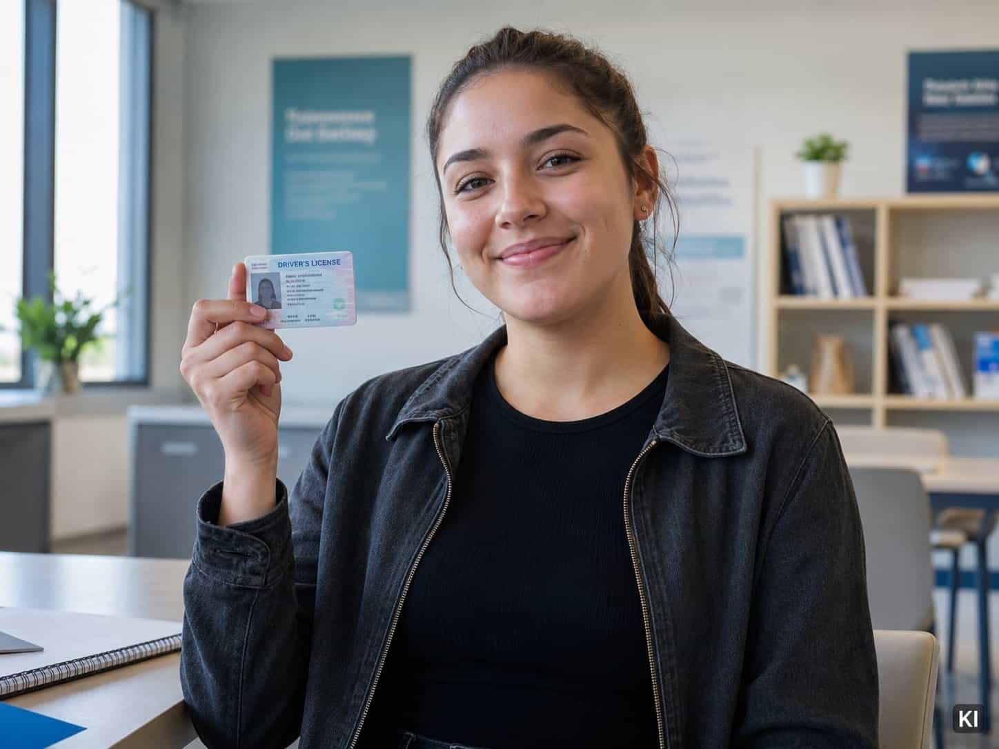 Junge Frau hält ihren wiedererlangten Führerschein in der Hand