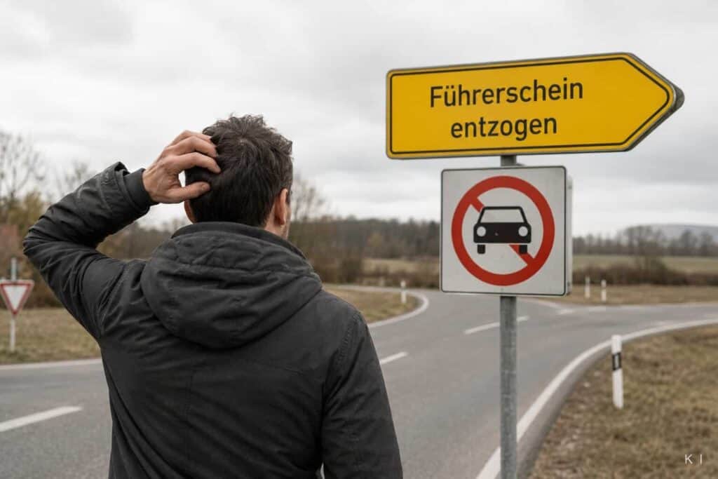 Führerschein entzogen – Wegweiser - INFAR Mann vor einem Wegweiser mit der Aufschrift Führerschein entzogen und einem Fahrverbotsschild